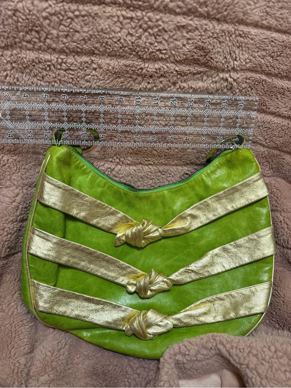 Rare Y2K Janna Kruse Lime Green Gold Leather Shoulder Bag